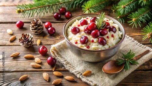 Christmas rice pudding with almonds and cherries on wooden background. Risalamande, Christmas, rice pudding photo