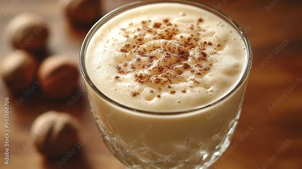A top-down view of a crystal coupe filled with a frothy Brandy Alexander, topped with nutmeg sprinkles. The setting is a rustic wooden table with soft natural light filtering through, A top-down view of a crystal coupe filled with a frothy Brandy Alexander, topped with nutmeg sprinkles. The setting is a rustic wooden table with soft natural light filtering through,