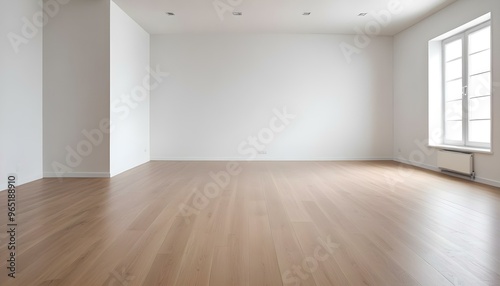 Empty room with white walls and wooden floor, minimal and clean interior design.