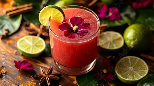 Wallpaper Mural A top-down view of a glass of Caribbean sorrel punch with hibiscus petals and lime slices, resting on a wooden table covered with tropical leaves and spices. Torontodigital.ca
