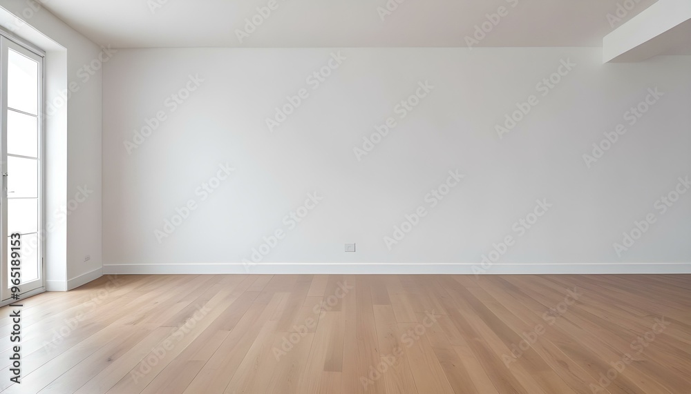 Empty room with white walls and wooden floor, minimal and clean interior design.