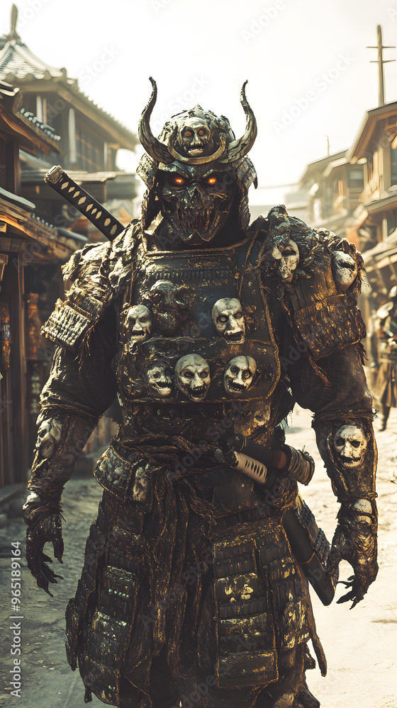 Fototapeta premium A samurai wearing menacing armor made from oni material, with a helmet, walking through an Edo period town during bright daylight