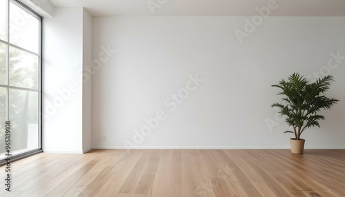 Empty room with white walls and wooden floor, minimal and clean interior design.