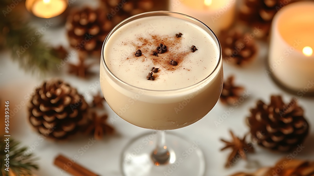 A top-down view of a glass of Pisco Sour with cinnamon and cloves, placed on a holiday-themed table with pine cones, spices, and candles. Natural light filters through,
