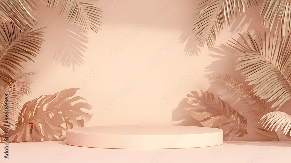 Serene Tropical Vibes - 3D Rendering of Soft Peach Background with Palm Leaves on Beige Wall in Bright Daylight on Pink Podium Serene Tropical Vibes - 3D Rendering of Soft Peach Background with Palm Leaves on Beige Wall in Bright Daylight on Pink Podium
