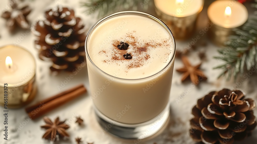 A top-down view of a glass of Pisco Sour with cinnamon and cloves, placed on a holiday-themed table with pine cones, spices, and candles. Natural light filters through, A top-down view of a glass of Pisco Sour with cinnamon and cloves, placed on a holiday-themed table with pine cones, spices, and candles. Natural light filters through,