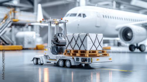 A white forklift is loading cargo onto truck in front of an airplane at airport. scene evokes sense of efficiency and logistics