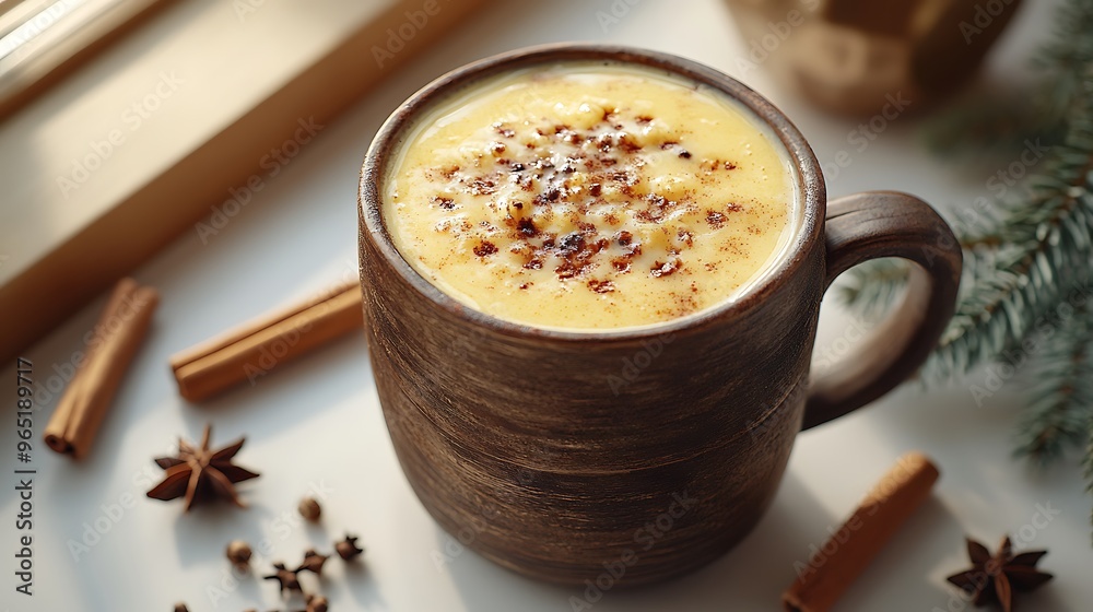 A top-down view of a rustic mug filled with hot buttered rum, with spices like cinnamon sticks and cloves scattered around. Soft natural light streams through a nearby window, casting gentle shadows. A top-down view of a rustic mug filled with hot buttered rum, with spices like cinnamon sticks and cloves scattered around. Soft natural light streams through a nearby window, casting gentle shadows.