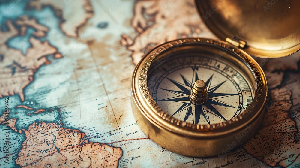 A weathered brass compass lies atop an ancient map, stirring memories of bygone adventures and explorations. A weathered brass compass lies atop an ancient map, stirring memories of bygone adventures and explorations.