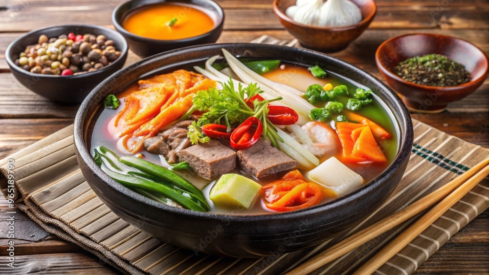 Savory and nourishing, this Korean-style soup bursts with flavor, featuring a medley of colorful vegetables and savory Savory and nourishing, this Korean-style soup bursts with flavor, featuring a medley of colorful vegetables and savory