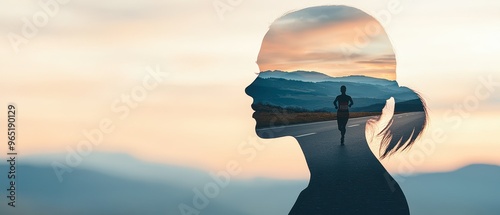 Life achievement perseverance a close-up in determined tones, featuring a double exposure silhouette with a marathon runner and road photo