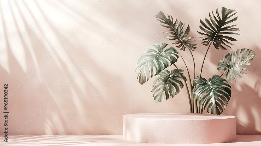 Serene 3D Rendering of Monstera Leaves on Beige Wall with Soft Pink Podium in Natural Sunlight