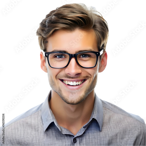 young handsome caucasian man with glasses and happiness isolated on transparent background