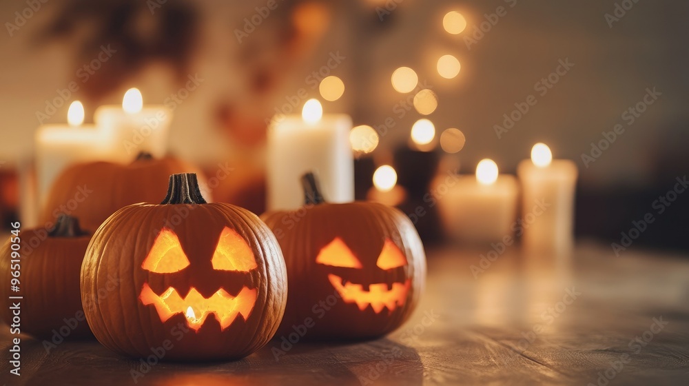 Fototapeta premium Halloween Pumpkins And Candles On Wooden.