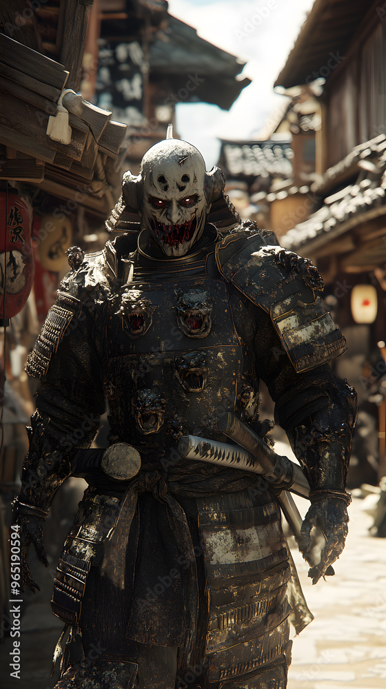 Fototapeta premium A samurai wearing menacing armor made from oni material, with a helmet, walking through an Edo period town during bright daylight