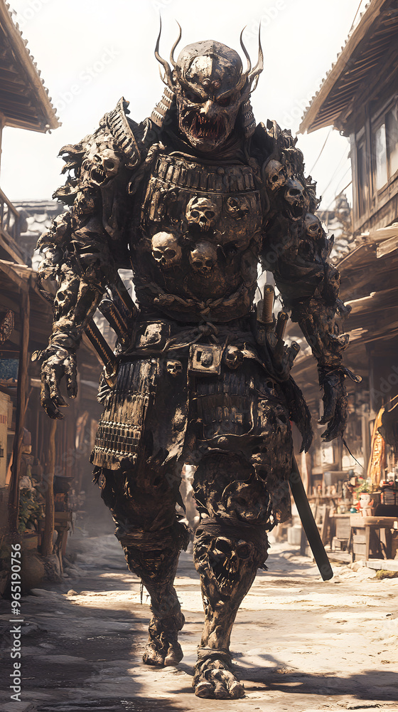 A samurai wearing menacing armor made from oni material, with a helmet, walking through an Edo period town during bright daylight A samurai wearing menacing armor made from oni material, with a helmet, walking through an Edo period town during bright daylight
