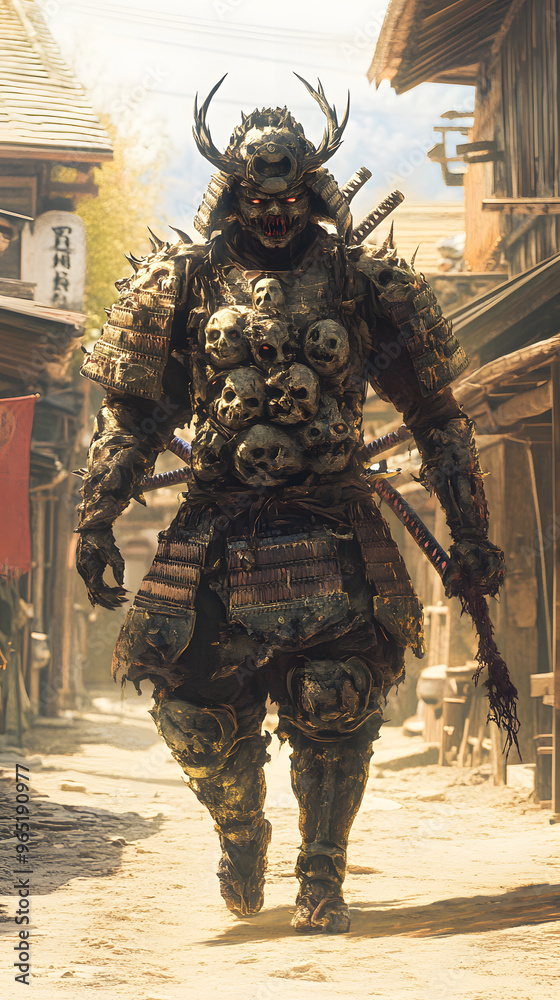 A samurai wearing menacing armor made from oni material, with a helmet, walking through an Edo period town during bright daylight A samurai wearing menacing armor made from oni material, with a helmet, walking through an Edo period town during bright daylight