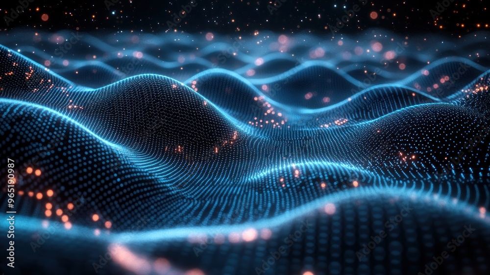 custom made wallpaper toronto digitalAbstract digital landscape with glowing particles and wave patterns.