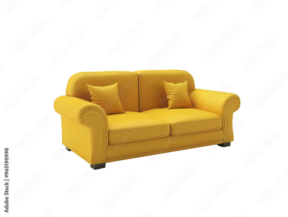 Fototapeta premium Bright yellow loveseat with a minimalist design and plush cushioning. Isolated on a transparent background.