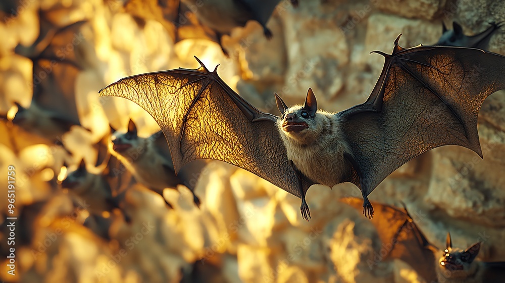 Obraz premium A close-up of a stone wall with a swarm of bats flying upwards, illuminated by soft, eerie light. The bats cast intricate, fluttering shadows across the textured stone, creating a spooky,