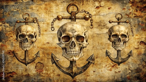 Rustic, vintage-inspired typefaces adorned with barnacles, anchors, and skulls evoke a swashbuckling spirit on a distressed, aged parchment-like background with subtle oceanic textures. photo