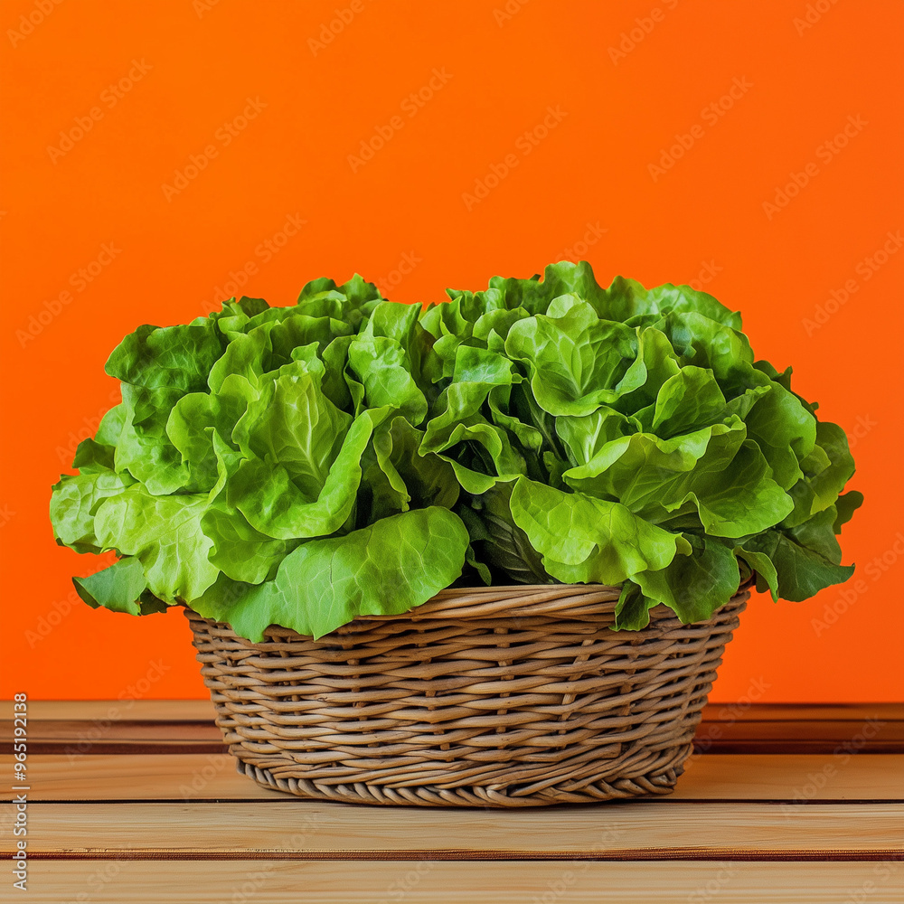 Two heads of lettuce placed in a basket on a wooden table, orange background. Two heads of lettuce placed in a basket on a wooden table, orange background.