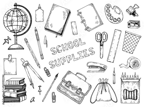 Back to school hand drawn doodle clipart. Stationery supplies. Children school elements. Study time. Books, notebook, pens, ruler, globe, school bag, scissors. Vector sketch line art illustration.