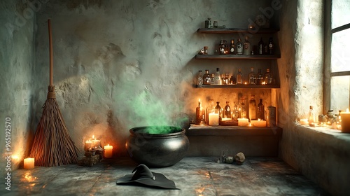 A dark and mystical corner of a witch’s room, featuring a bubbling cauldron with green mist rising, a witch's hat on the floor, and a broomstick leaning against the wall.