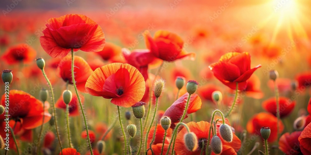 Fototapeta premium Beautiful poppies blooming in a field of red flowers, poppies, bloom, red, flowers, nature, beauty, vibrant, petals, garden