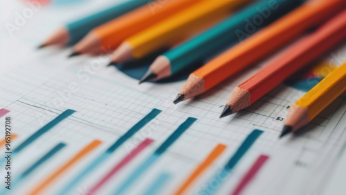 A set of colorful pencils placed on top of a graph and chart-filled sheet, symbolizing creativity and analysis.