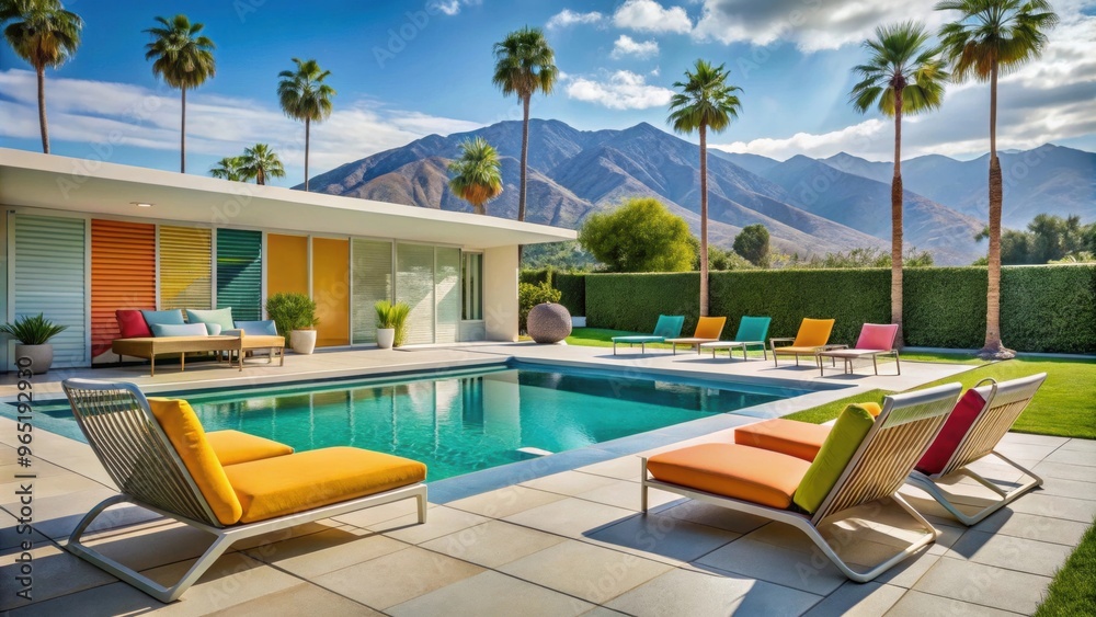 Fototapeta premium Modernist Palm Springs poolside with colorful mid-century furniture and geometric patterns, modernist