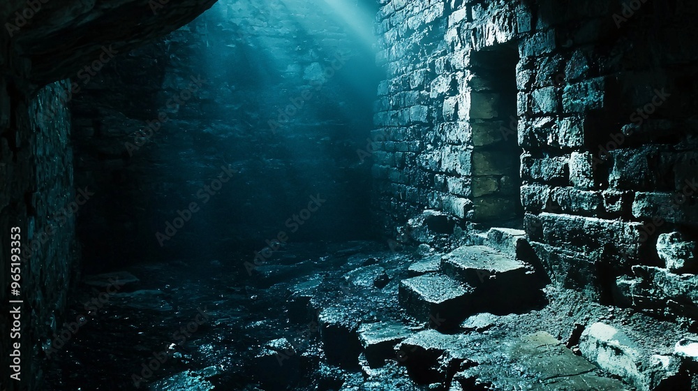 Obraz premium In a shadowy, moisture-laden chamber, the ancient stones murmur forgotten tales as whispers intertwine with flickering silhouettes.