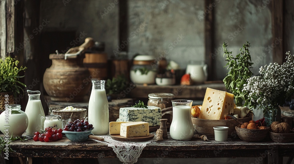 Artisanal dairy delights showcased on a weathered wooden surface, highlighting the essence of fresh, wholesome goodness. Artisanal dairy delights showcased on a weathered wooden surface, highlighting the essence of fresh, wholesome goodness.