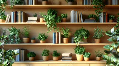 Indoor Jungle Illustration: A Serene Bookshelf Filled with Lush Greenery and Literature