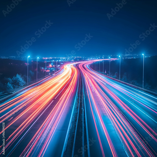 Neon Night Highway Photo - Colorful Light Trails on a Busy Freeway at Night