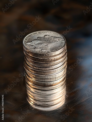 Shiny metal coins are arranged orderly on a smooth surface, highlighting their unique patterns and luster.