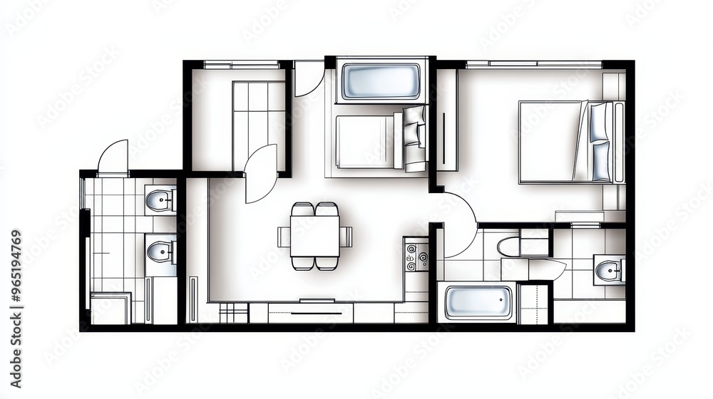 3D architectural blueprint of a modern home interior with detailed floor plan and furniture layout 3D architectural blueprint of a modern home interior with detailed floor plan and furniture layout