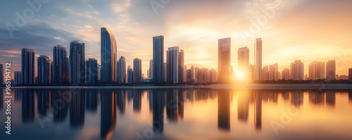 City Skyline Reflected in Water at Sunset