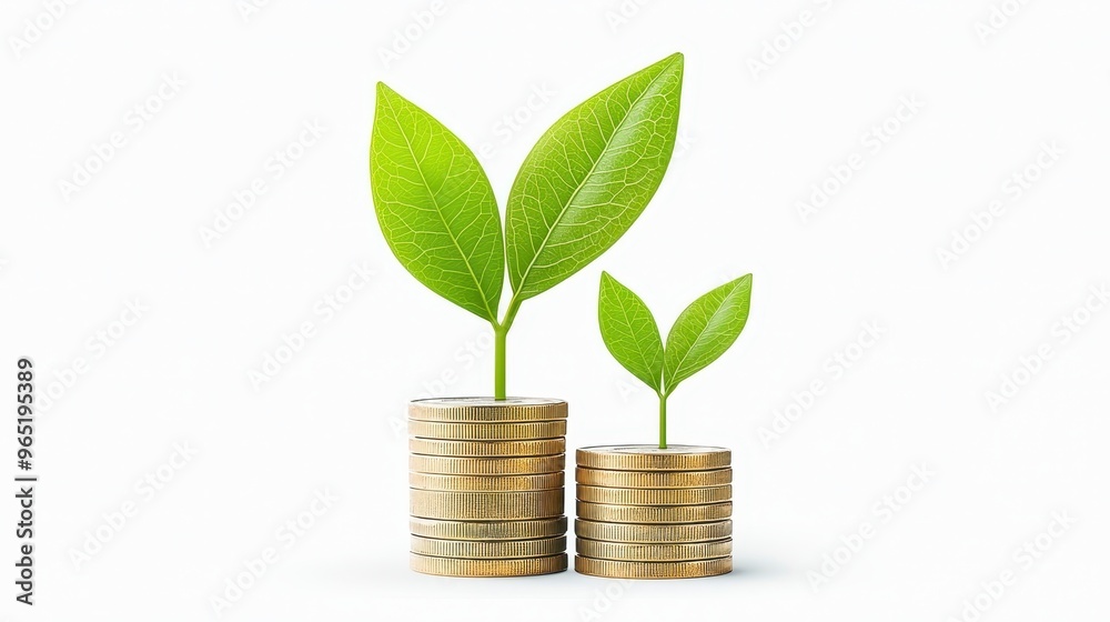 Plant grows from stack of gold coins, symbolizing financial growth and investment success Plant grows from stack of gold coins, symbolizing financial growth and investment success