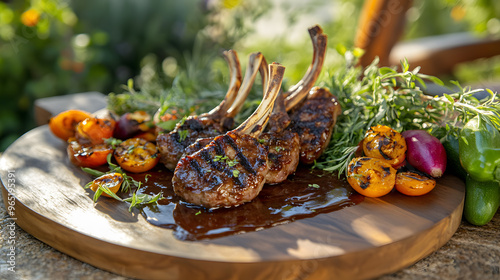 Grilled lamb chops served on a wooden board with roasted vegetables and a drizzling sauce. photo