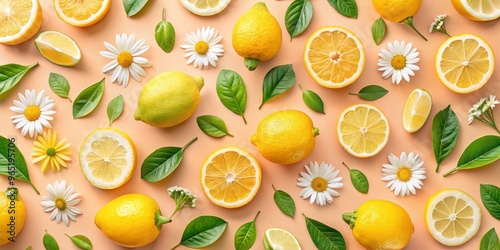 Citrus and Floral Flatlay A Refreshing Summer Composition, Lemon, Chamomile, Summer