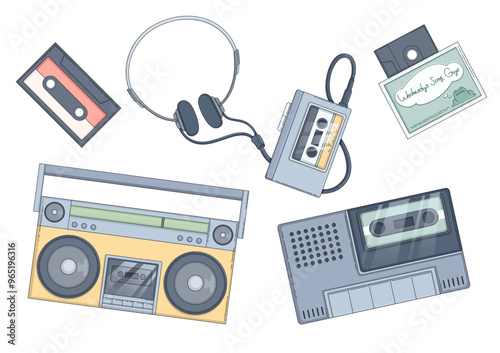 Music player and vintage radio vector illustration to listen audio tape. Retro headphones and boombox element collection. Creative graphic with old technology and equipment for entertainment photo