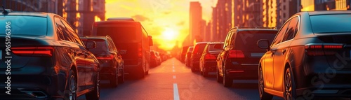 A busy city street filled with cars during sunset, showcasing urban life and traffic in a vibrant atmosphere.