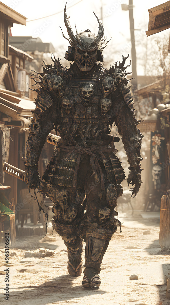A samurai wearing menacing armor made from oni material, with a helmet, walking through an Edo period town during bright daylight