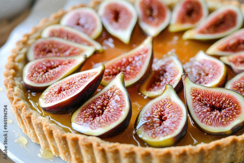 A beautifully arranged almond tart topped with slices of fresh figs and a drizzle of honey A beautifully arranged almond tart topped with slices of fresh figs and a drizzle of honey