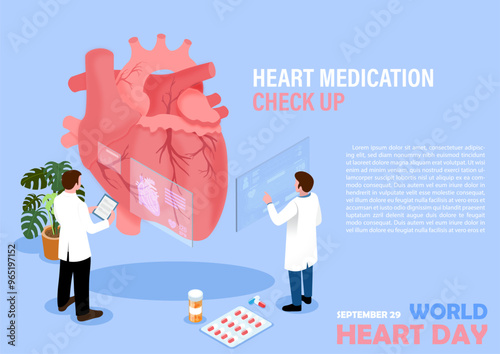 Concept of world heart day poster campaign with doctor in cartoon character treatment and health care awareness and flat design at 29 September.