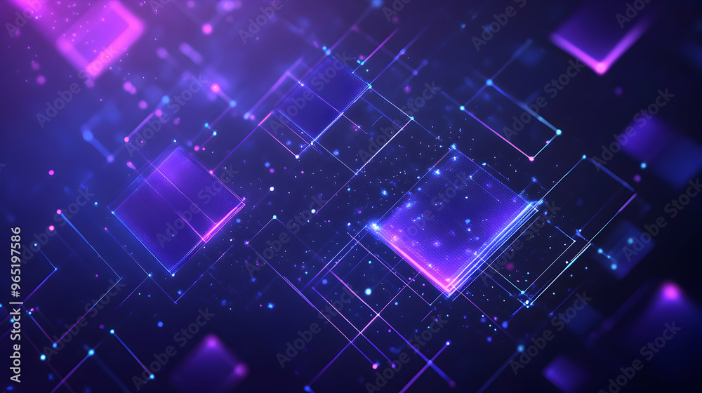 Fototapeta premium Abstract purple and blue digital network background with glowing lines and squares.