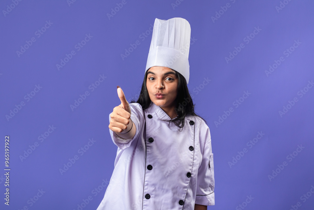 An Indian woman in a purple chef coat and tall white chef hat gives a confident thumbs up. against a solid purple background, expressing approval and success in her culinary profession. An Indian woman in a purple chef coat and tall white chef hat gives a confident thumbs up. against a solid purple background, expressing approval and success in her culinary profession.