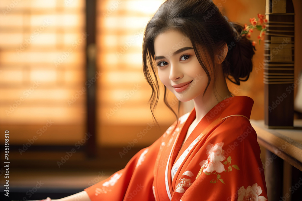 Young woman wearing a red kimono.