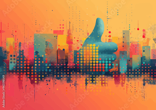 Abstract Thumbs Up Symbolizing Business Success with Vibrant Cityscape, Modern Art Style, Bright Colors, Vector Illustration, Encouraging Positive Outcome, Conceptual Commercial Image